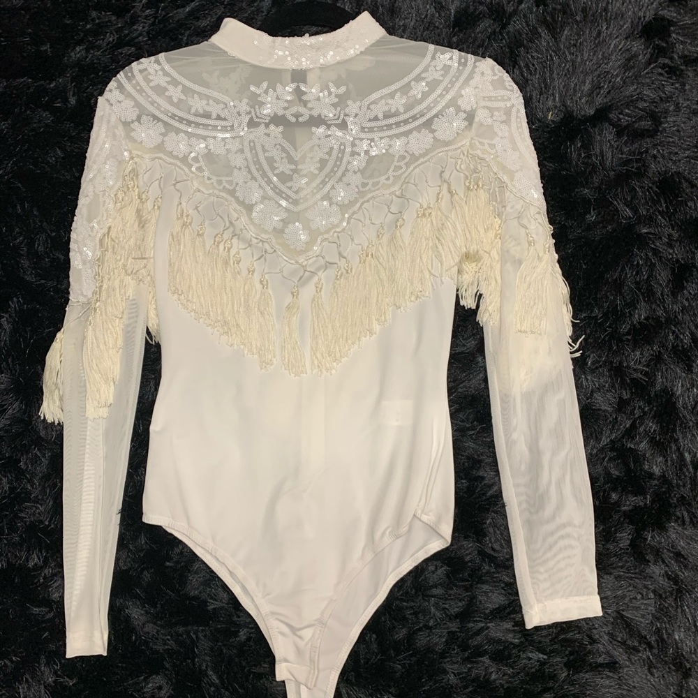 White sequin tassel bodysuit